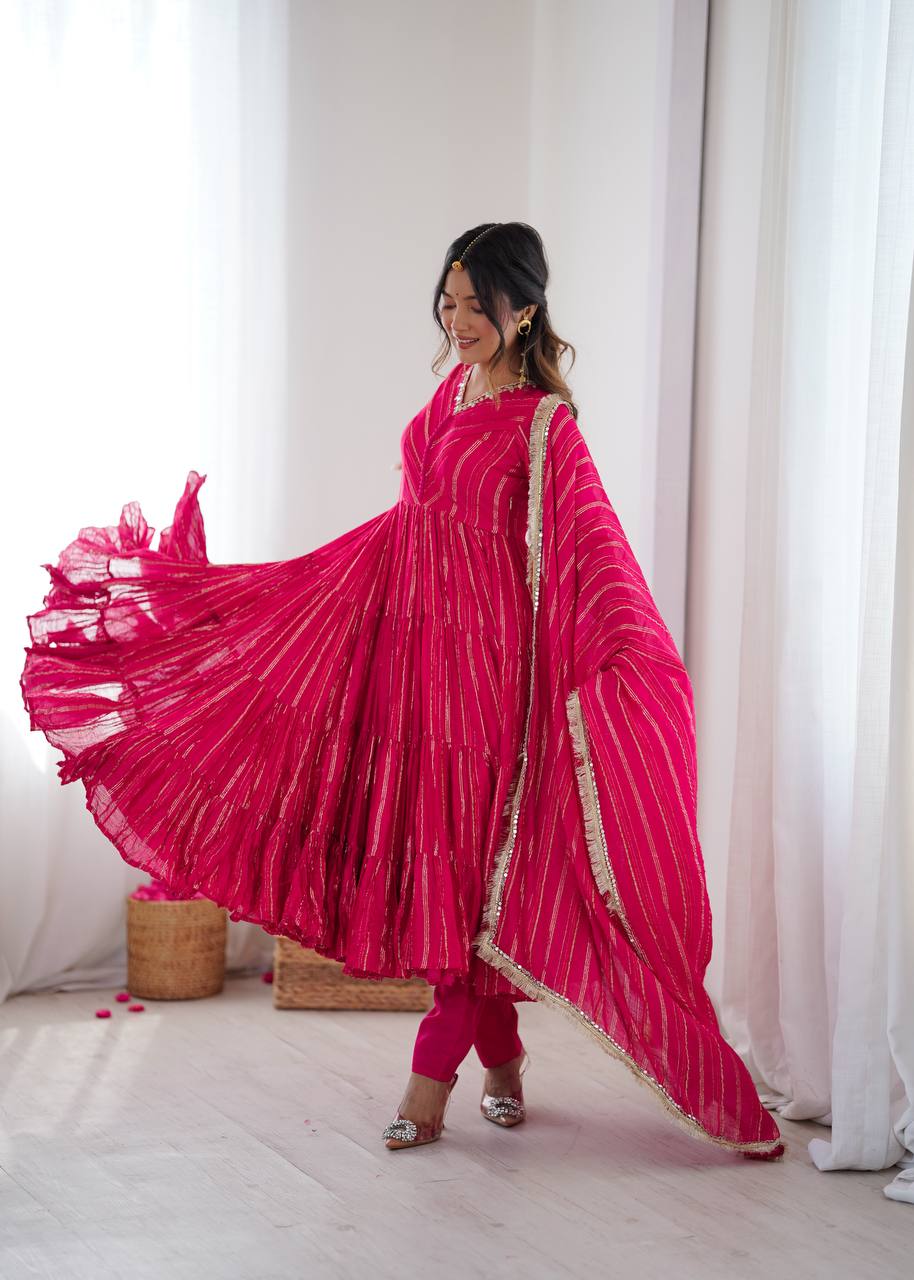 Rani Pink Designer Mal Chanderi Mirror Work Ruffle Gown and Dupatta