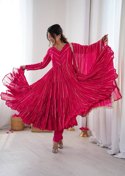 Rani Pink Designer Mal Chanderi Mirror Work Ruffle Gown and Dupatta