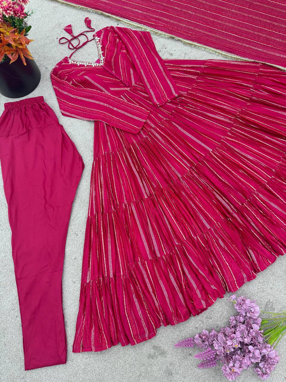 Rani Pink Designer Mal Chanderi Mirror Work Ruffle Gown and Dupatta