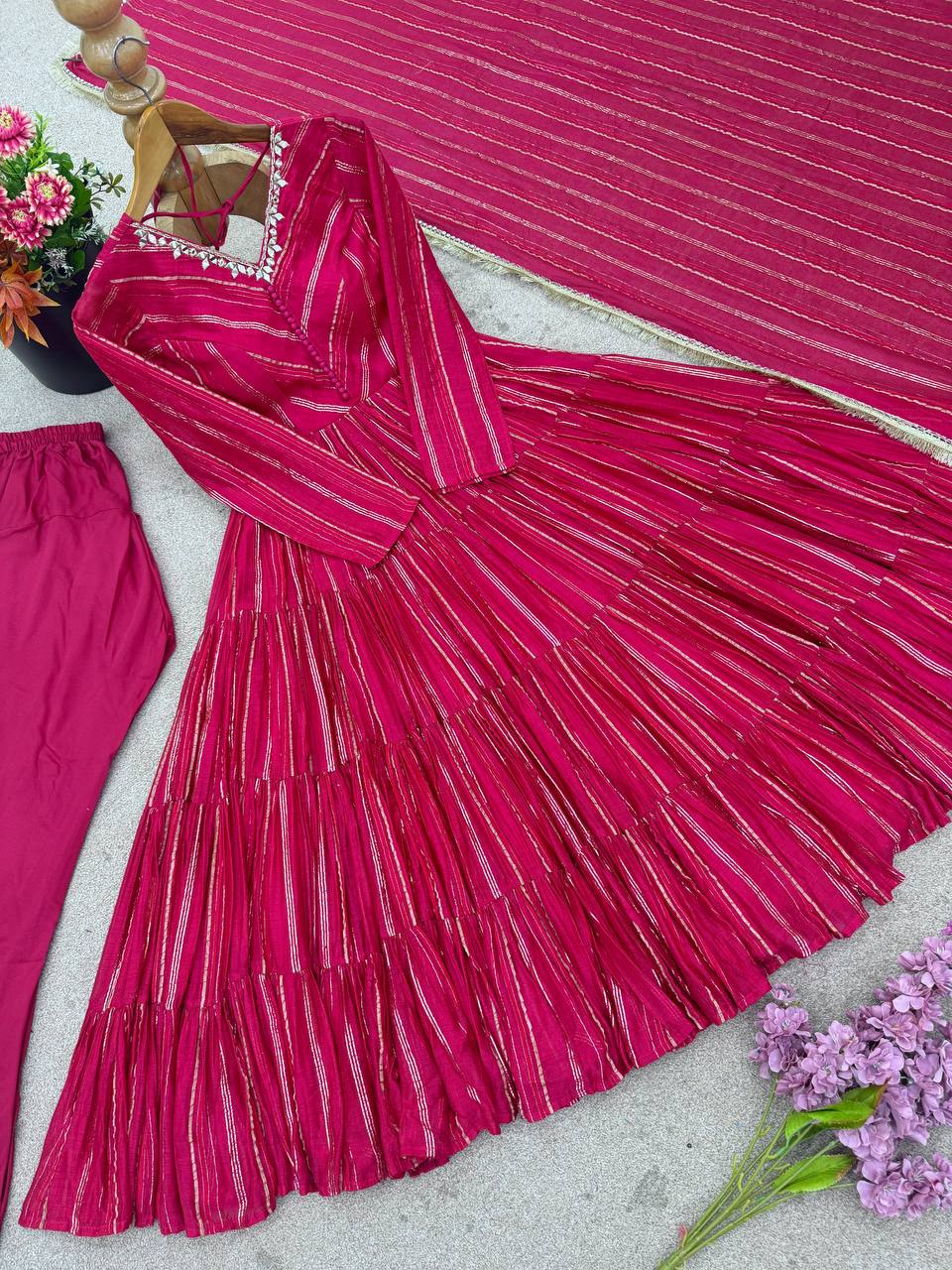 Rani Pink Designer Mal Chanderi Mirror Work Ruffle Gown and Dupatta