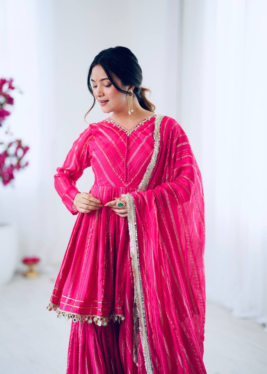 Rani Pink Designer Mal Chanderi Mirror Work Sharara suit and Dupatta