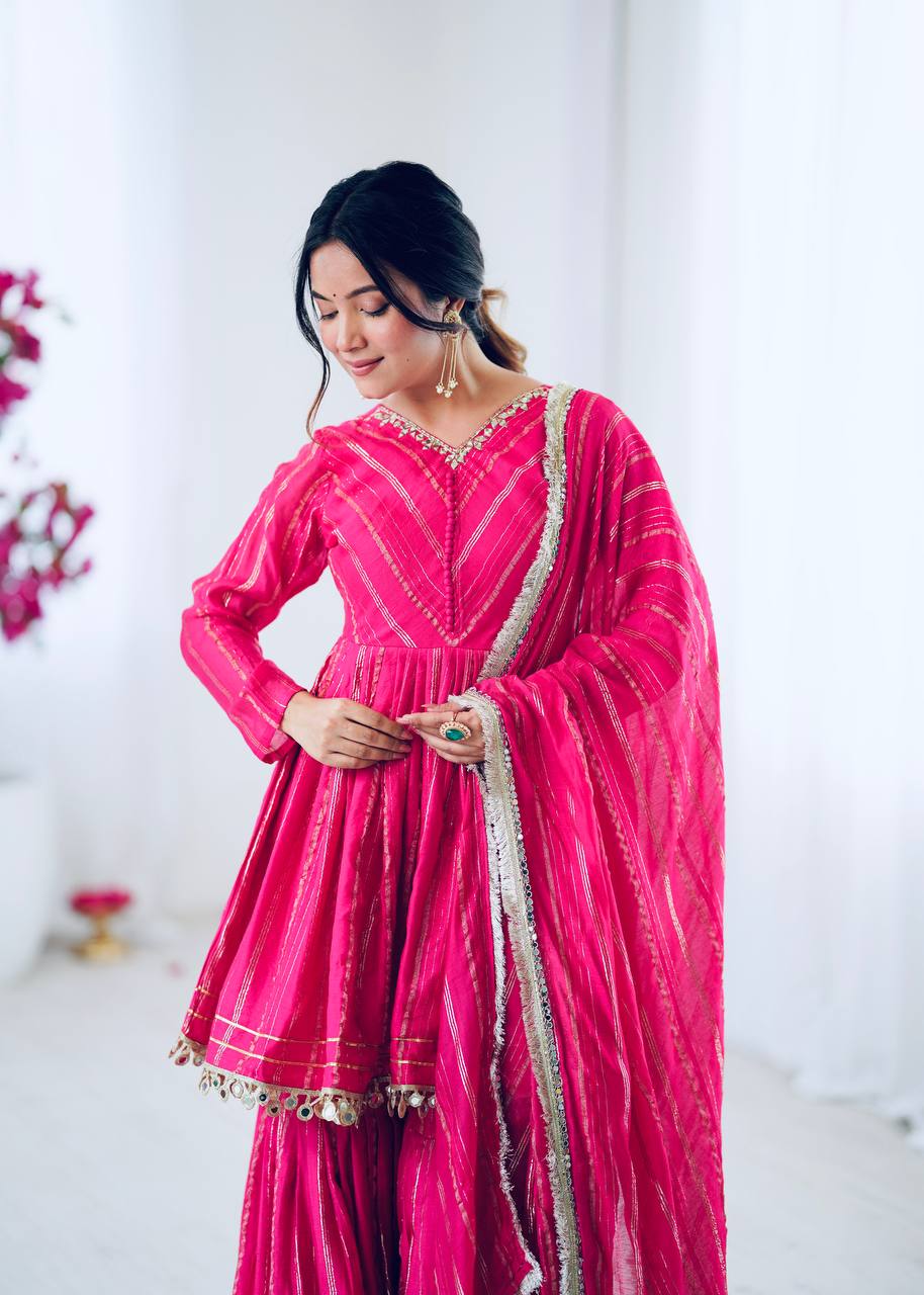 Rani Pink Designer Mal Chanderi Mirror Work Sharara suit and Dupatta