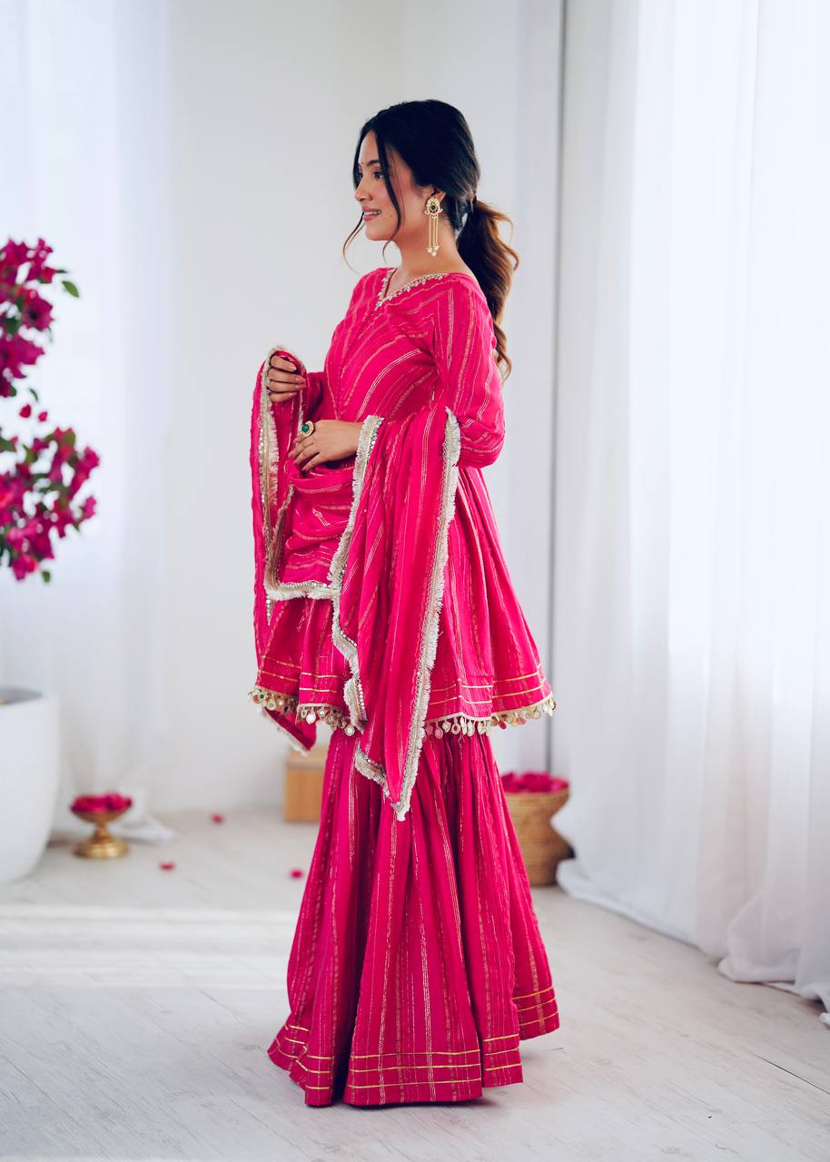 Rani Pink Designer Mal Chanderi Mirror Work Sharara suit and Dupatta