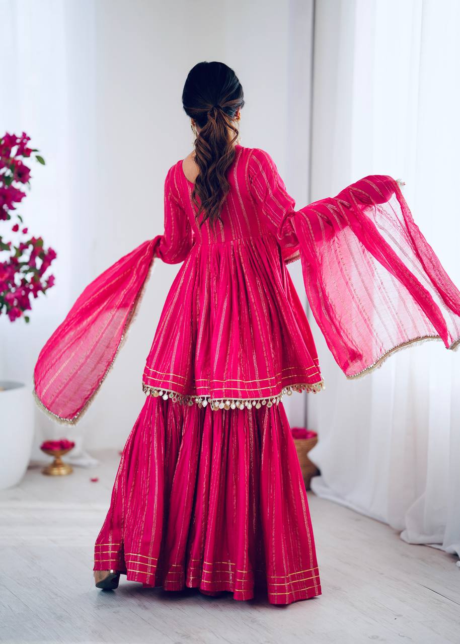 Rani Pink Designer Mal Chanderi Mirror Work Sharara suit and Dupatta