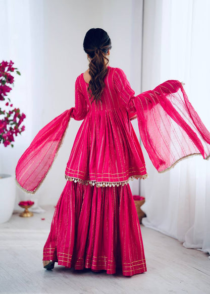 Rani Pink Designer Mal Chanderi Mirror Work Sharara suit and Dupatta