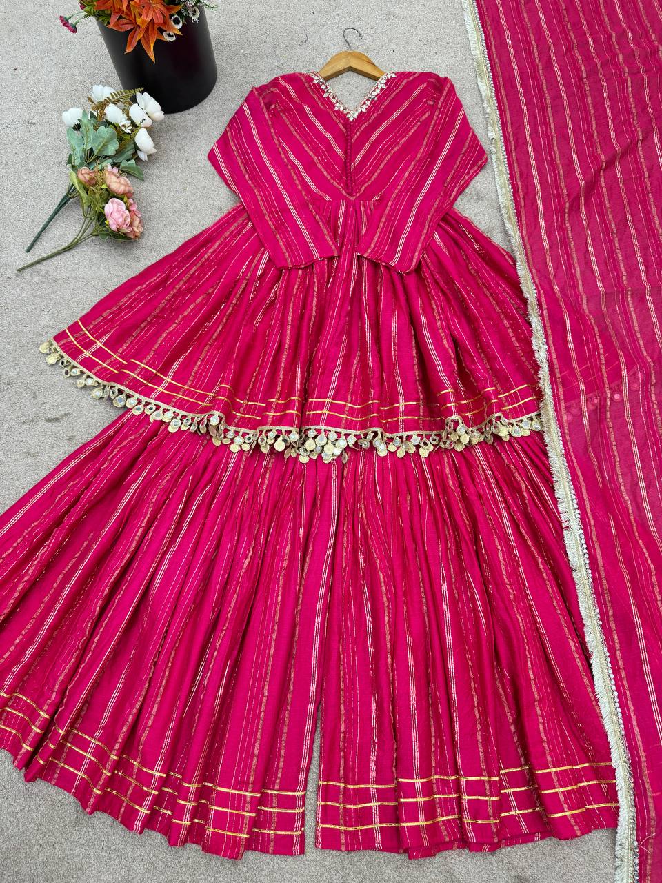 Rani Pink Designer Mal Chanderi Mirror Work Sharara suit and Dupatta