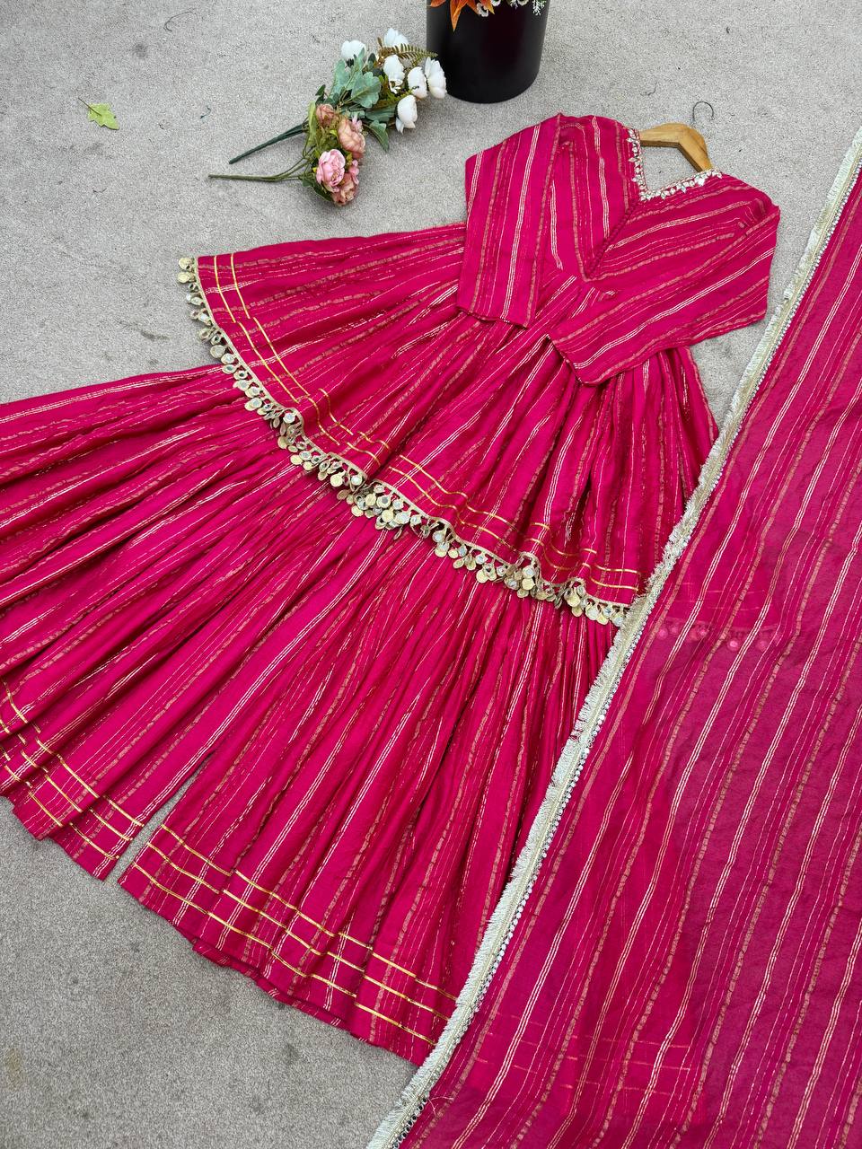 Rani Pink Designer Mal Chanderi Mirror Work Sharara suit and Dupatta
