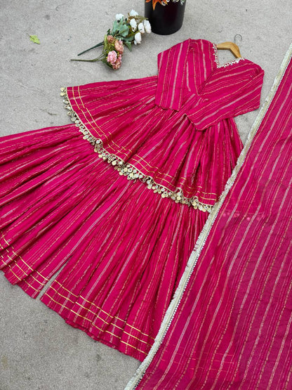Rani Pink Designer Mal Chanderi Mirror Work Sharara suit and Dupatta