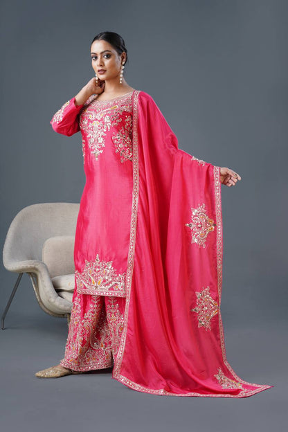 Rani Pink Designer Pure Chinnon Silk Dori Palazzo Top and Dupatta