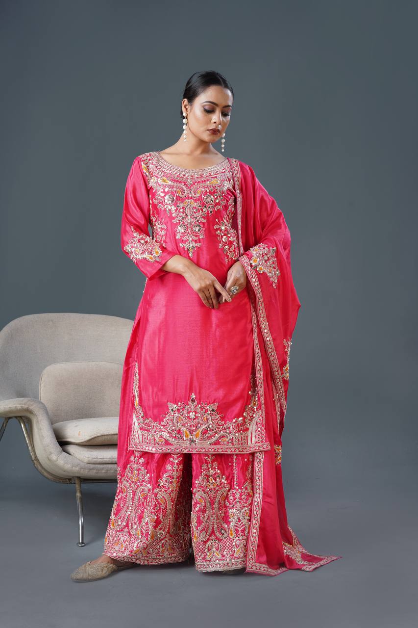 Rani Pink Designer Pure Chinnon Silk Dori Palazzo Top and Dupatta