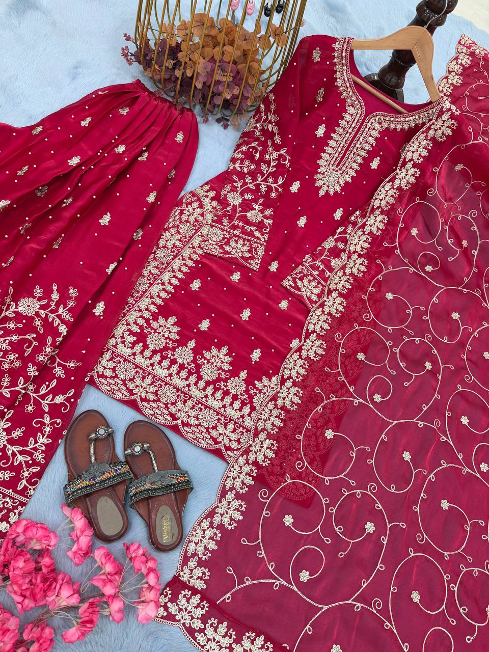 Rani Pink Designer Pure GMY Silk Plazzo Suit and Dupatta For Party Wear