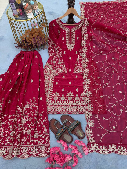 Rani Pink Designer Pure GMY Silk Plazzo Suit and Dupatta For Party Wear