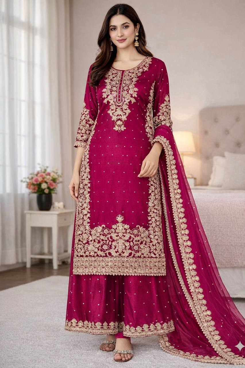 Rani Pink Designer Pure GMY Silk Top Bottom and Dupatta For Party Wear