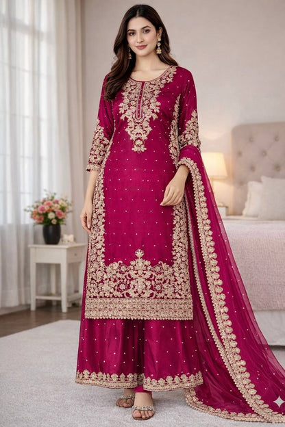 Rani Pink Designer Pure GMY Silk Top Bottom and Dupatta For Party Wear