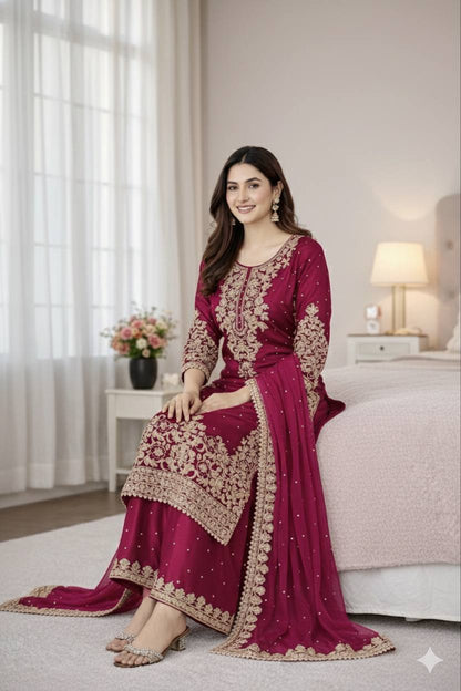 Rani Pink Designer Pure GMY Silk Top Bottom and Dupatta For Party Wear