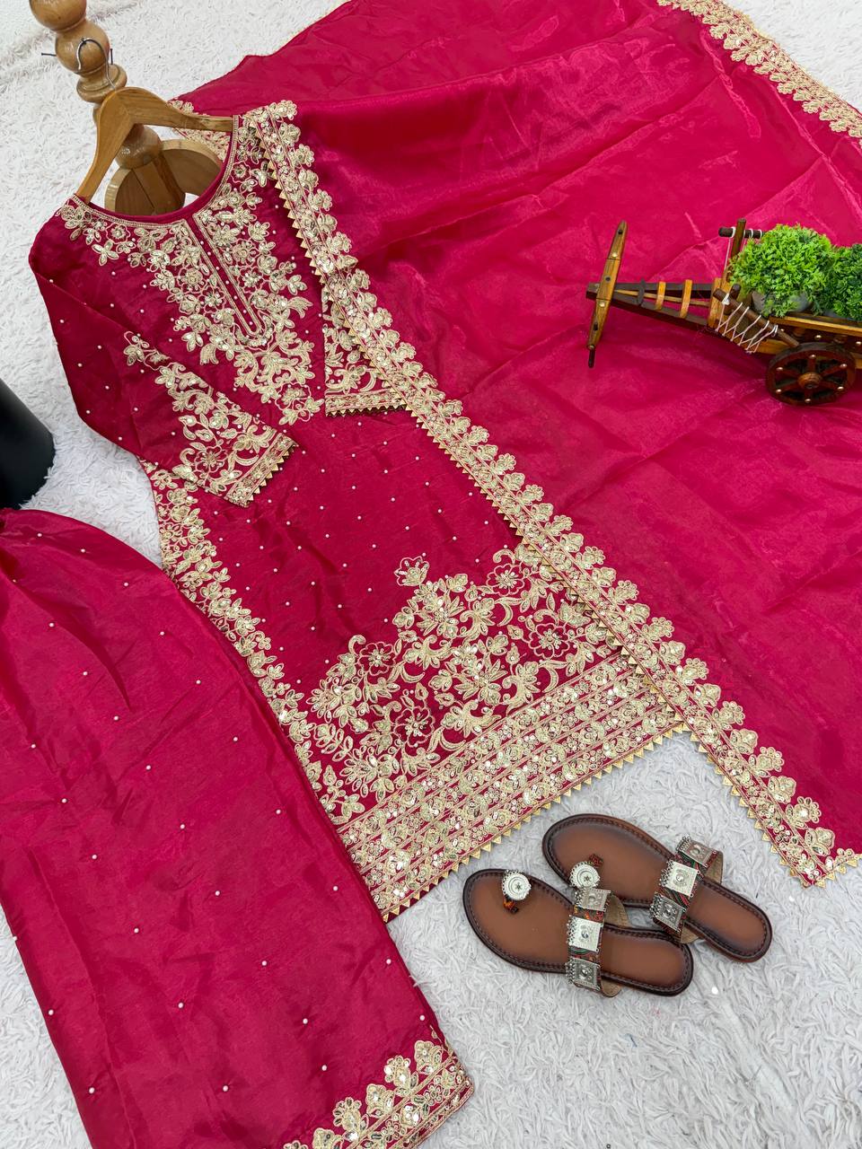 Rani Pink Designer Pure GMY Silk Top Bottom and Dupatta For Party Wear