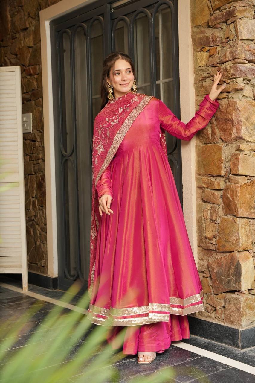 Rani Pink Designer Roman Shimmer Silk Gown and Dupatta For Party Wear
