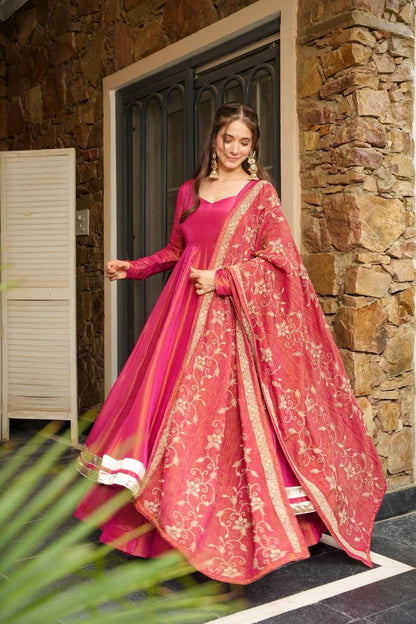 Rani Pink Designer Roman Shimmer Silk Gown and Dupatta For Party Wear