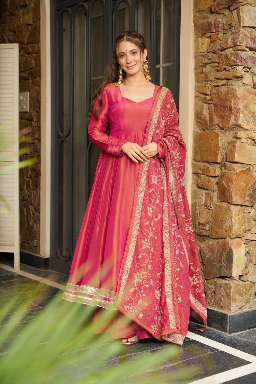 Rani Pink Designer Roman Shimmer Silk Gown and Dupatta For Party Wear