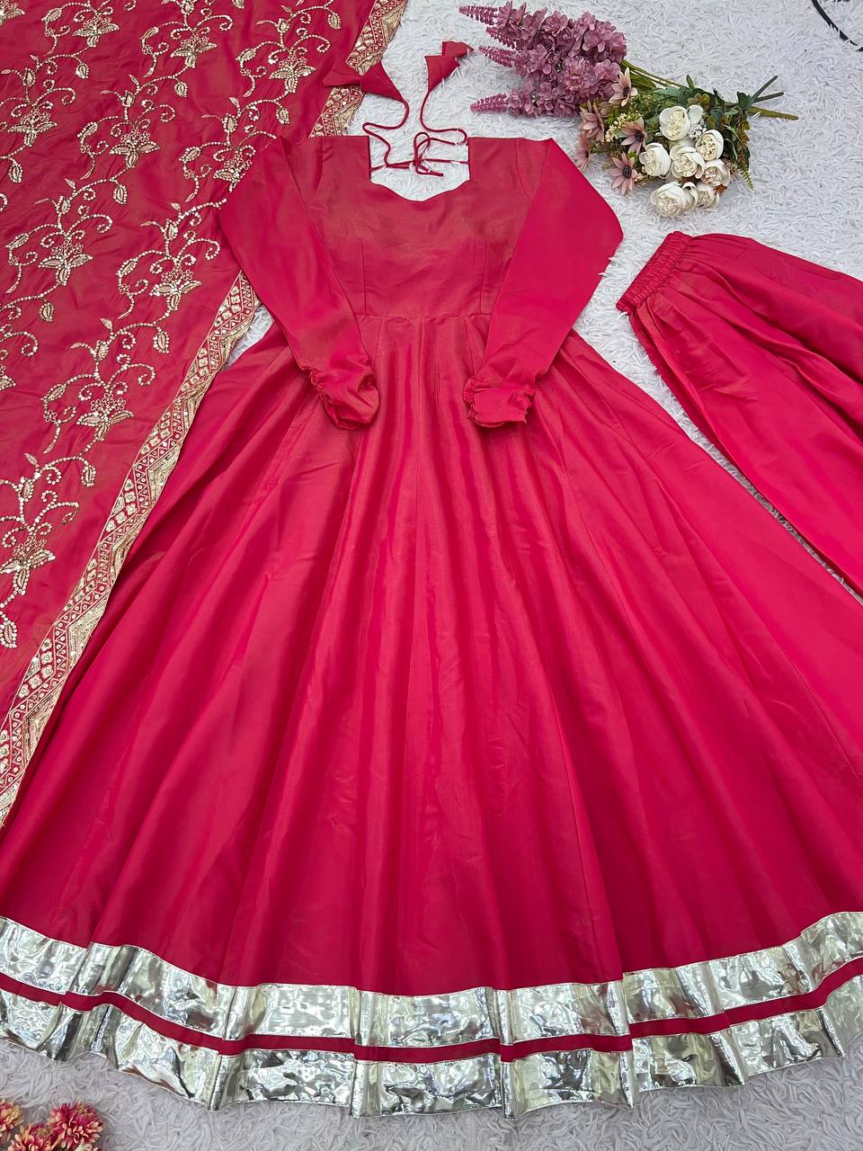 Rani Pink Designer Roman Shimmer Silk Gown and Dupatta For Party Wear