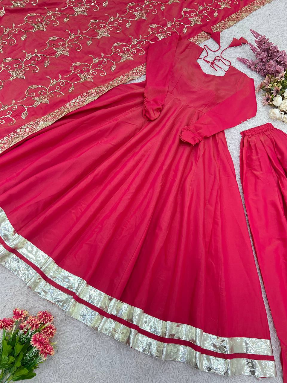 Rani Pink Designer Roman Shimmer Silk Gown and Dupatta For Party Wear