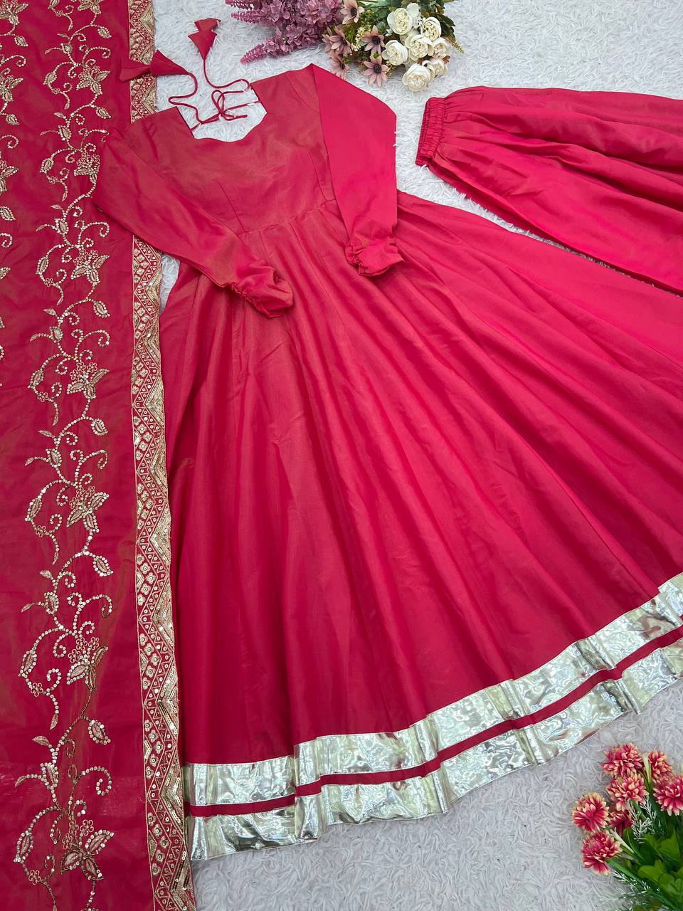 Rani Pink Designer Roman Shimmer Silk Gown and Dupatta For Party Wear