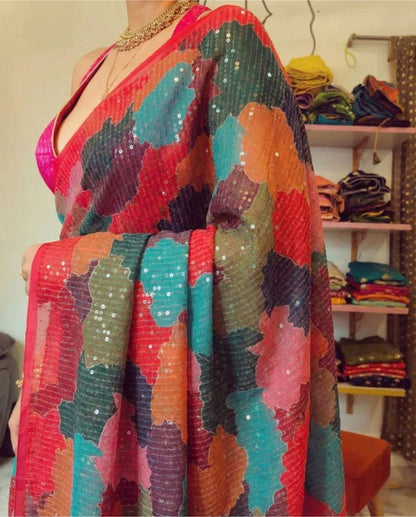 Rani Pink Georgette Digital Print Saree with Full Sequins Contrast Border