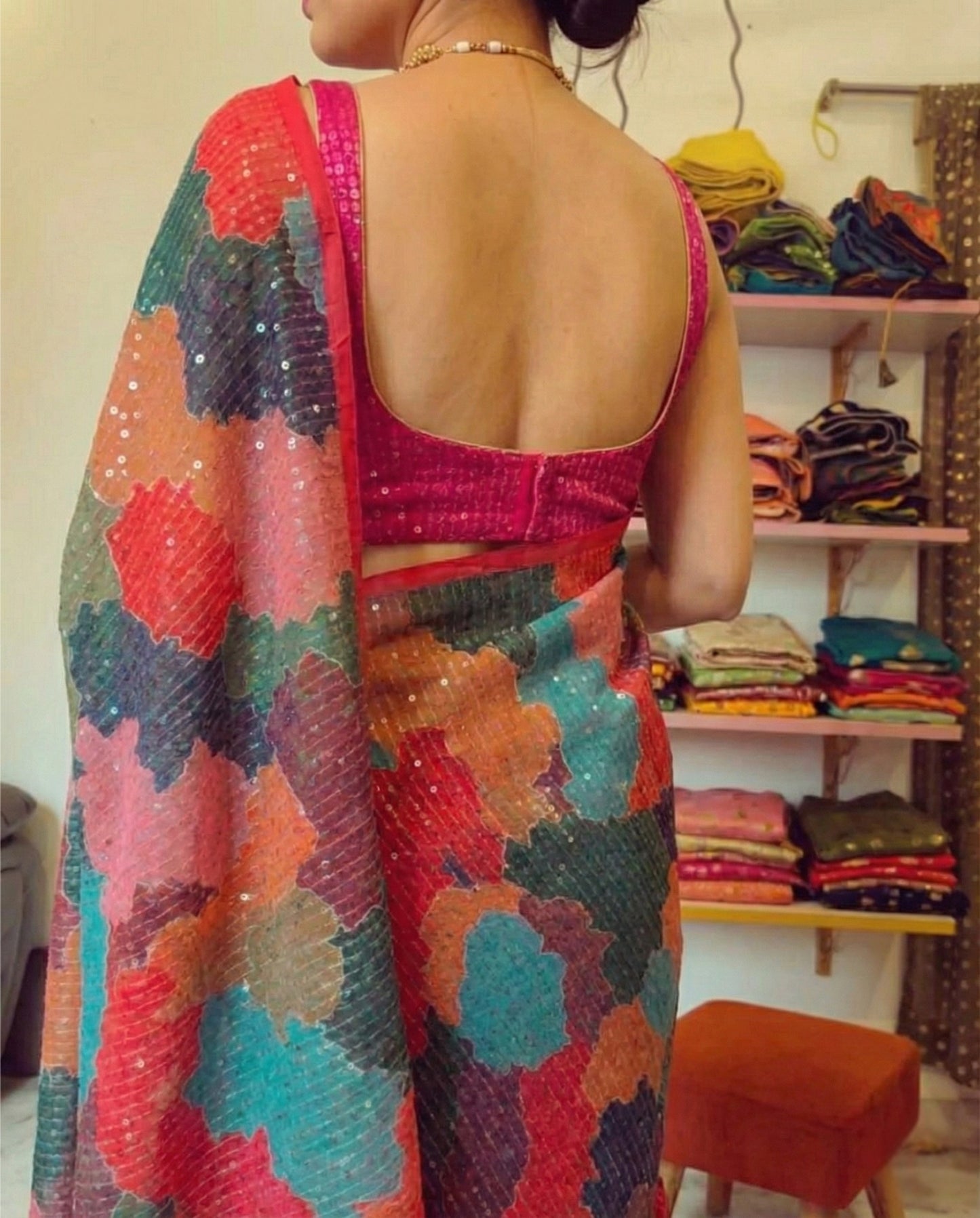 Rani Pink Georgette Digital Print Saree with Full Sequins Contrast Border