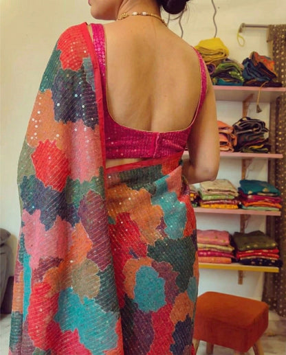 Rani Pink Georgette Digital Print Saree with Full Sequins Contrast Border