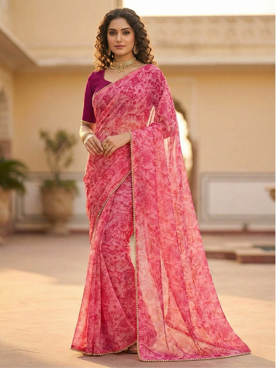 Rani Pink Georgette Digital Print Saree with Moti Lace Border & Blouse