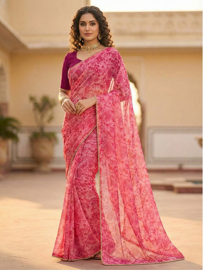 Rani Pink Georgette Digital Print Saree with Moti Lace Border & Blouse