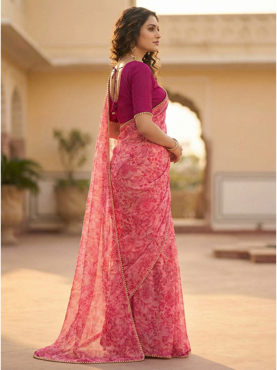 Rani Pink Georgette Digital Print Saree with Moti Lace Border & Blouse