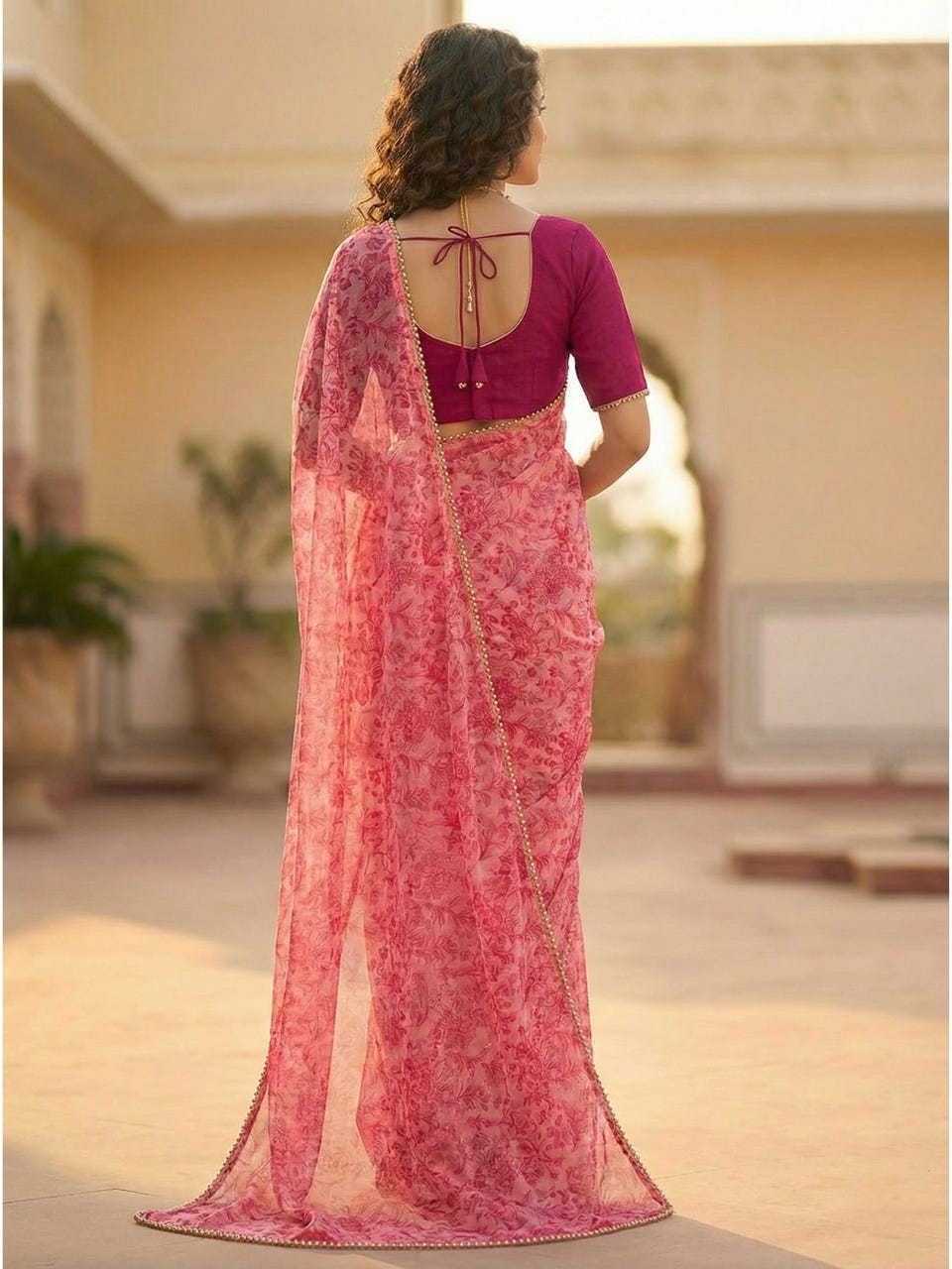 Rani Pink Georgette Digital Print Saree with Moti Lace Border & Blouse