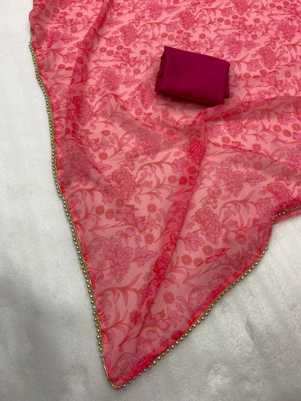 Rani Pink Georgette Digital Print Saree with Moti Lace Border & Blouse