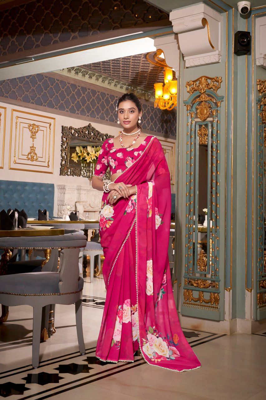 Rani Pink Georgette Floral Print Saree with Pearl Lace Border