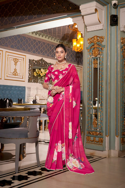 Rani Pink Georgette Floral Print Saree with Pearl Lace Border