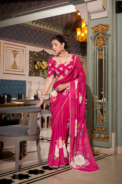 Rani Pink Georgette Floral Print Saree with Pearl Lace Border