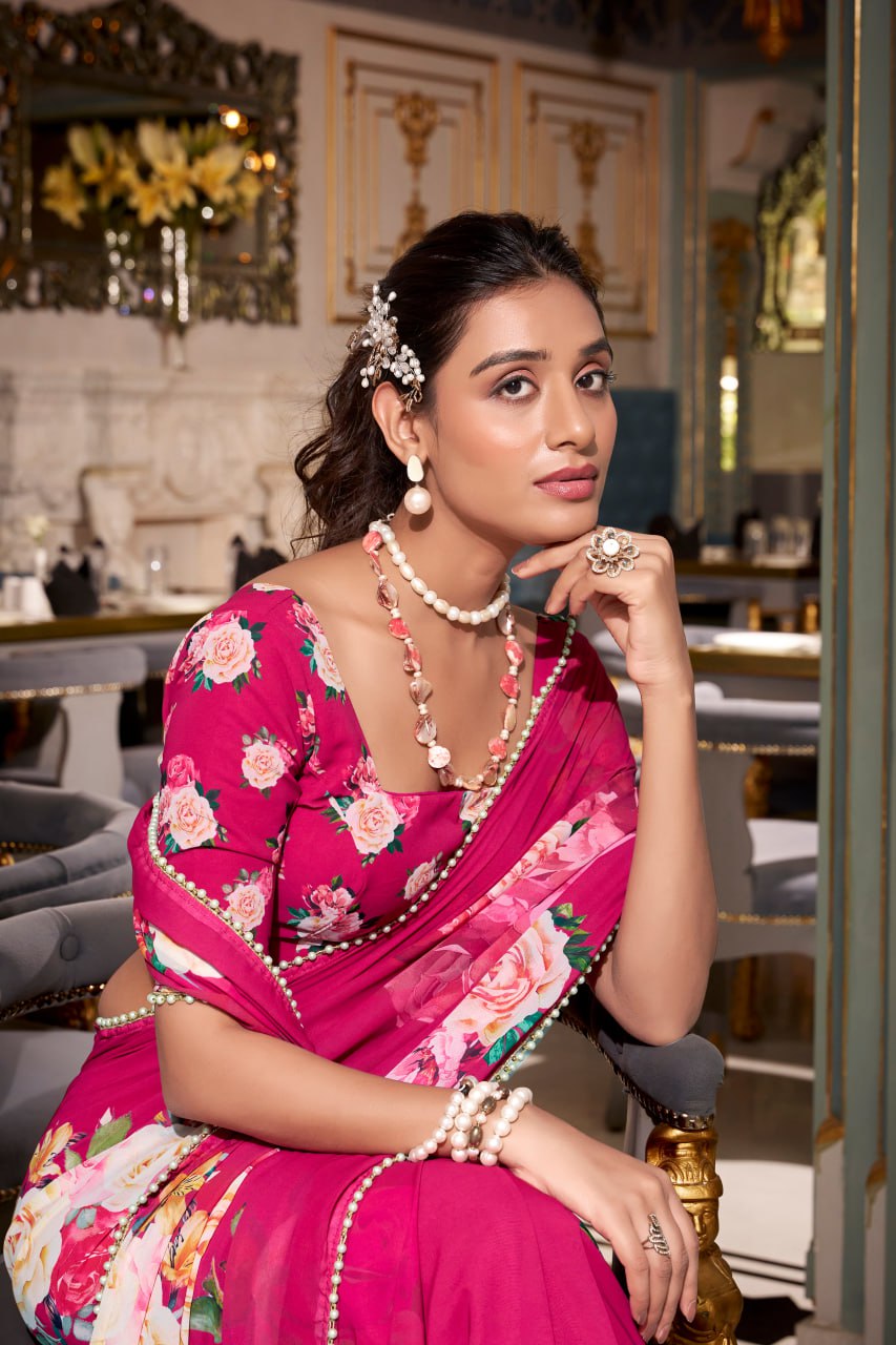 Rani Pink Georgette Floral Print Saree with Pearl Lace Border