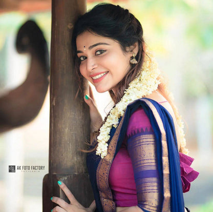 Rani Pink Heavy Cotton Saree with Kanchipuram Zari Border Navy Blue Dupatta