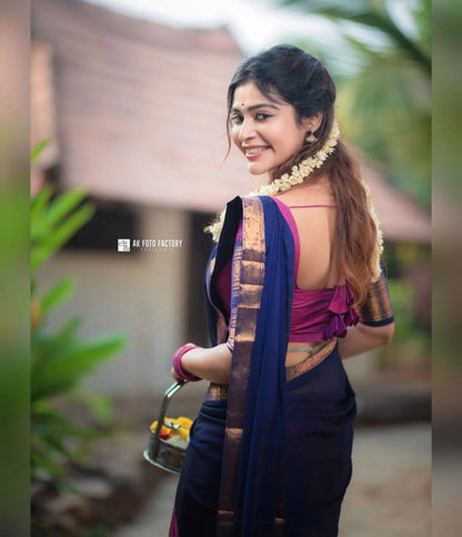 Rani Pink Heavy Cotton Saree with Kanchipuram Zari Border Navy Blue Dupatta