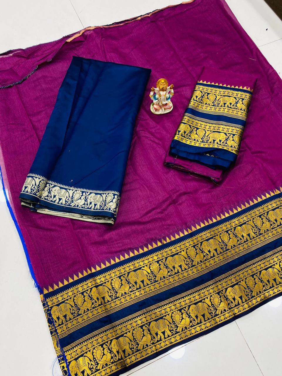Rani Pink Heavy Cotton Saree with Kanchipuram Zari Border Navy Blue Dupatta