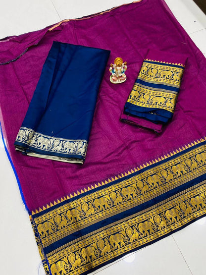 Rani Pink Heavy Cotton Saree with Kanchipuram Zari Border Navy Blue Dupatta