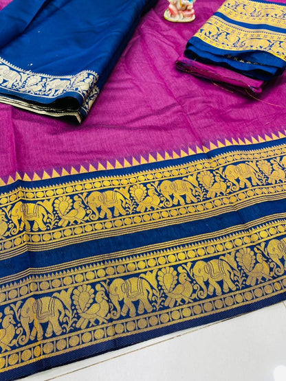 Rani Pink Heavy Cotton Saree with Kanchipuram Zari Border Navy Blue Dupatta