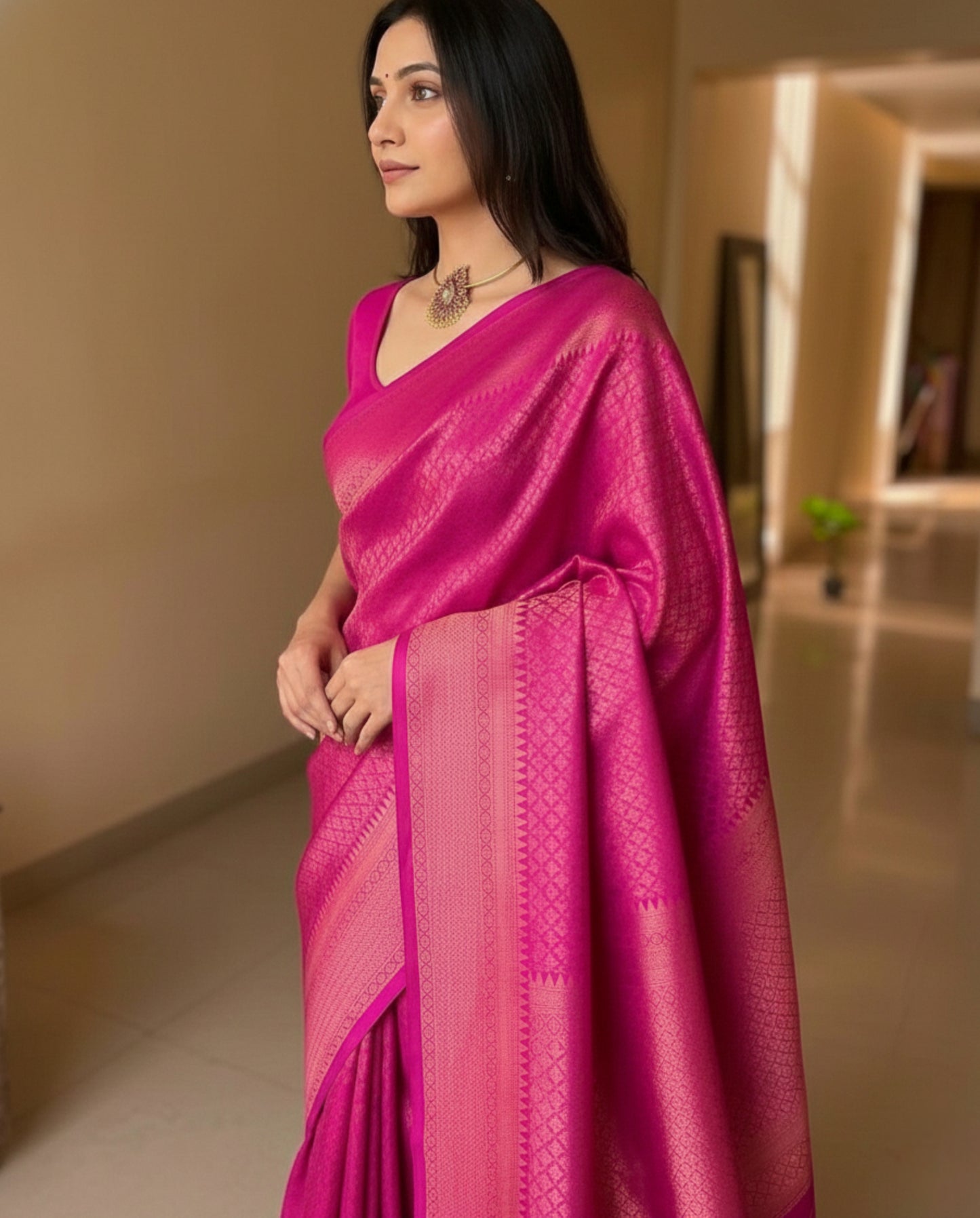 Rani Pink Kanchipuram Jari Weaving Silk Saree with Designer Blouse