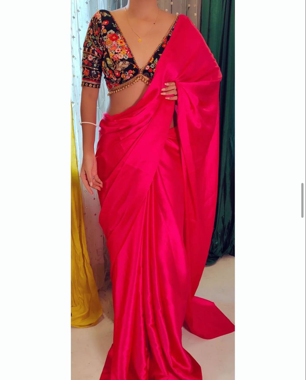 Rani Pink Luxury Smooth Satin Saree with Designer Embroidery Blouse