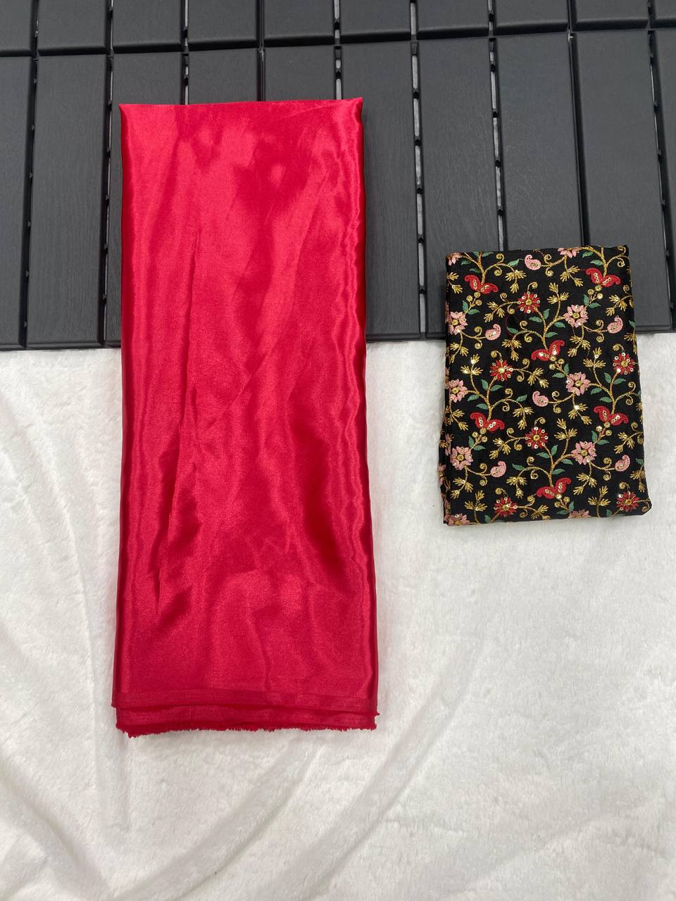 Rani Pink Luxury Smooth Satin Saree with Designer Embroidery Blouse