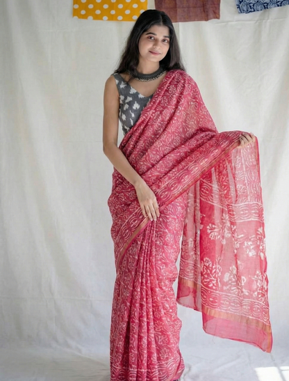  Rani Pink Mulmul Cotton Digital Print Saree with Gray Mulmul Blouse