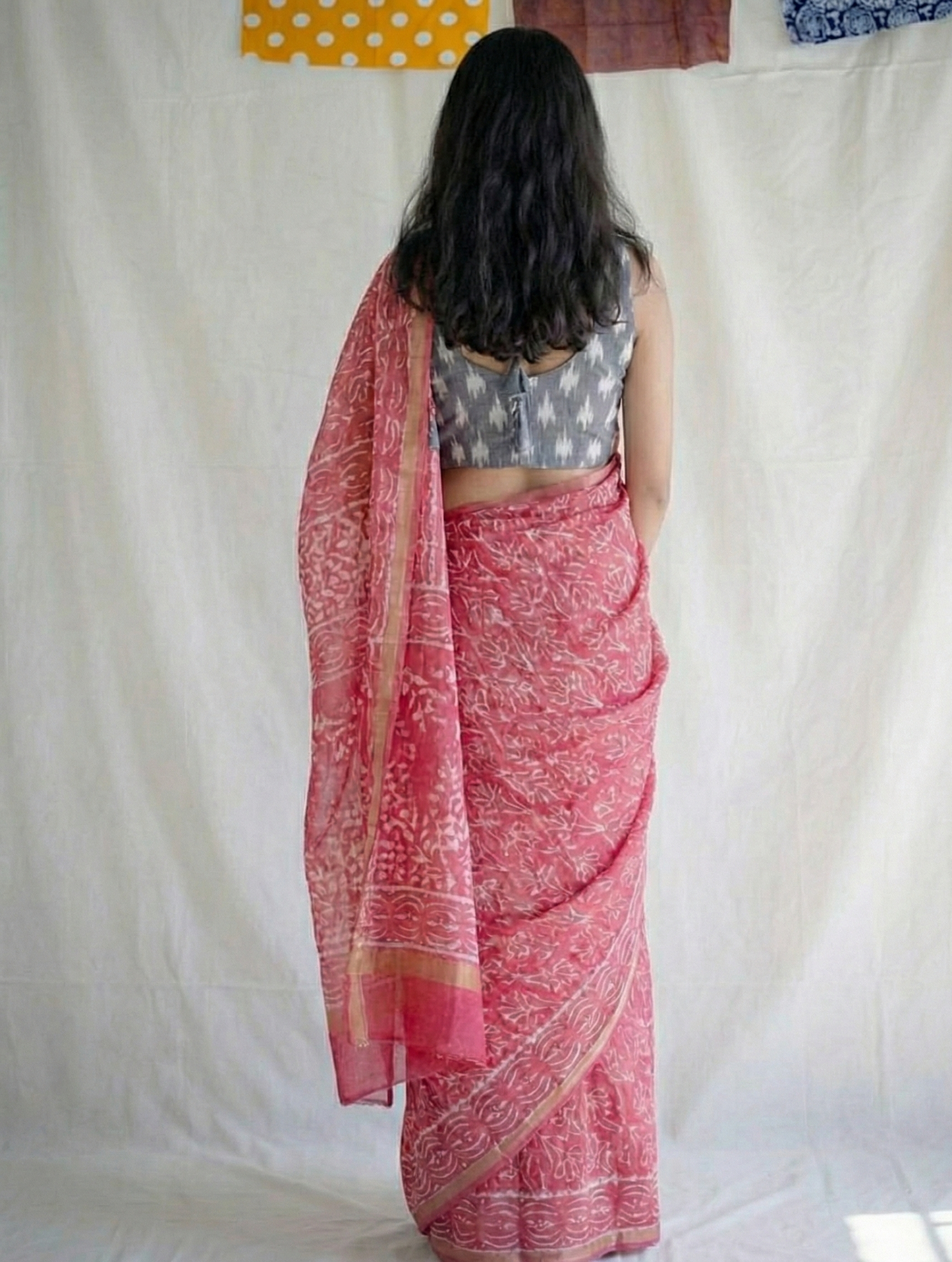  Rani Pink Mulmul Cotton Digital Print Saree with Gray Mulmul Blouse