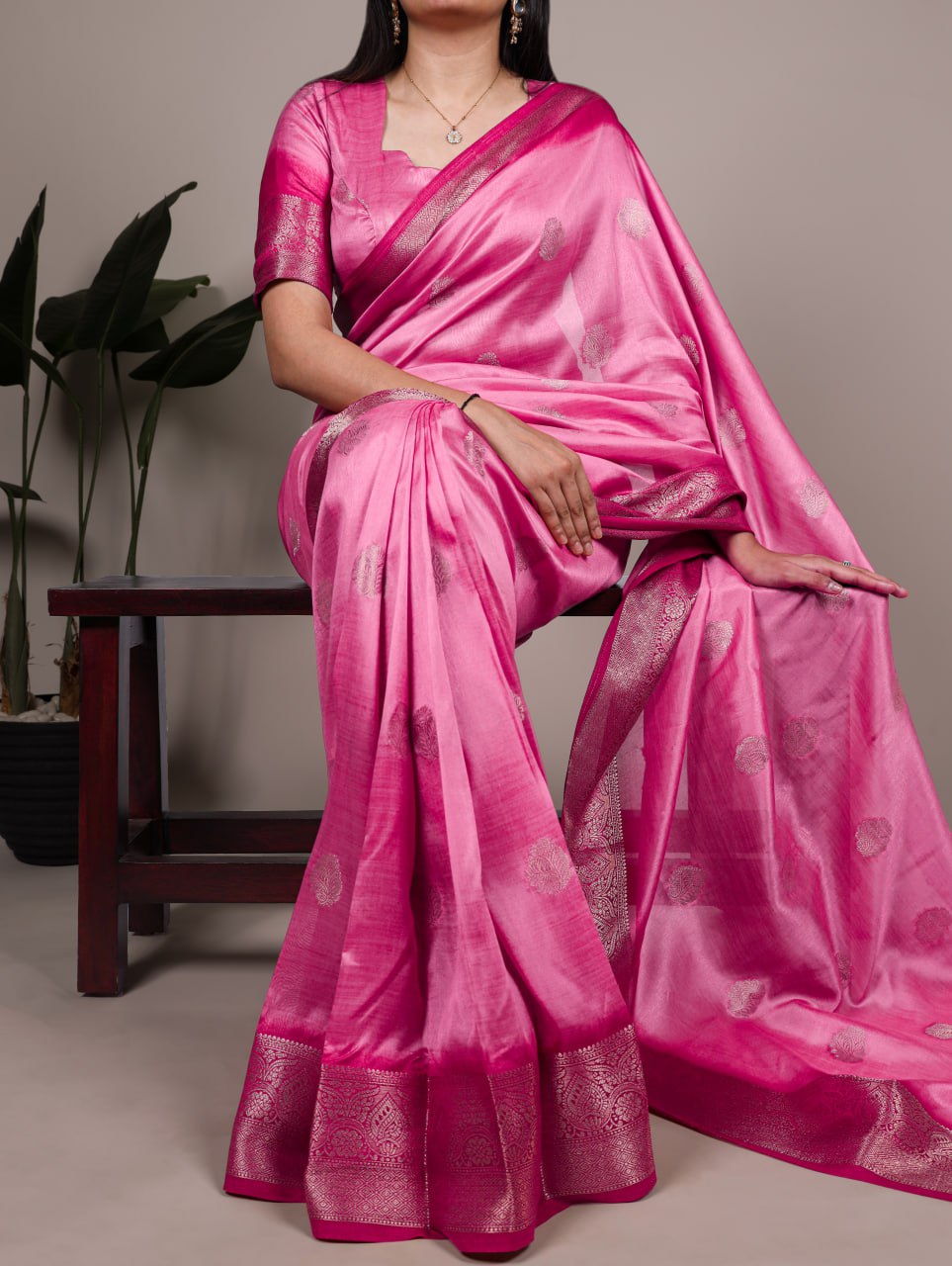 Rani Pink Rumali Silk Saree with Elegant Zari Weaving Matching Blouse