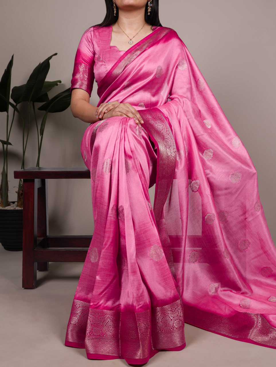 Rani Pink Rumali Silk Saree with Elegant Zari Weaving Matching Blouse